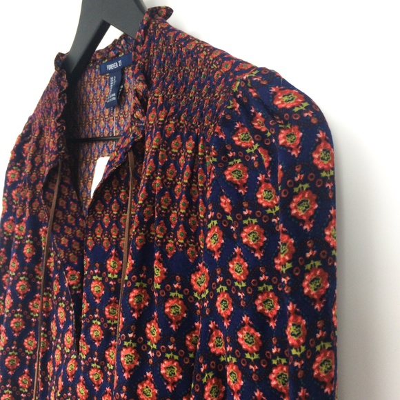 NWT FOREVER 21 Navy Floral Short Boho Tunic Dress - Picture 3 of 8